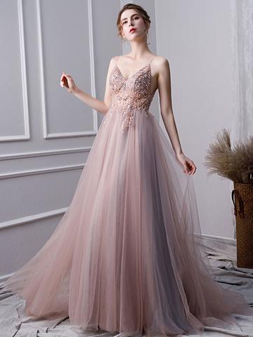 Pink A Line Spaghetti Straps Tulle Beaded Prom Dresses With Appliques ...