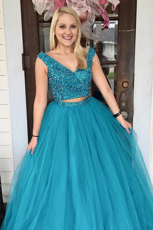 Two Piece Turquoise Beaded A Line Tulle Prom Dress PFP1398 – Promfast