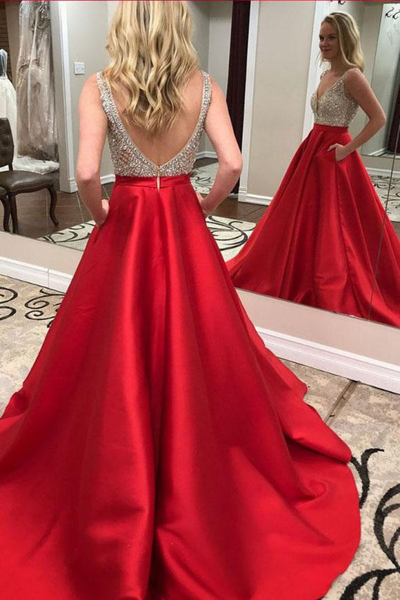 Red A Line Long Backless Beaded Prom Dress with Pockets PFP1432 – Promfast