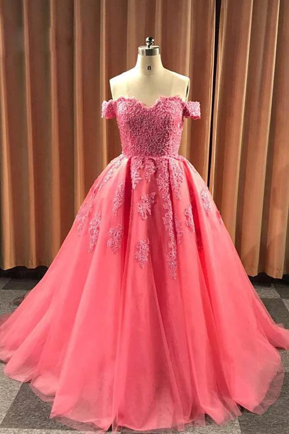 Promfast Ball Gown Sweetheart Cap Sleeve Lace Appliques Prom Dress PFP
