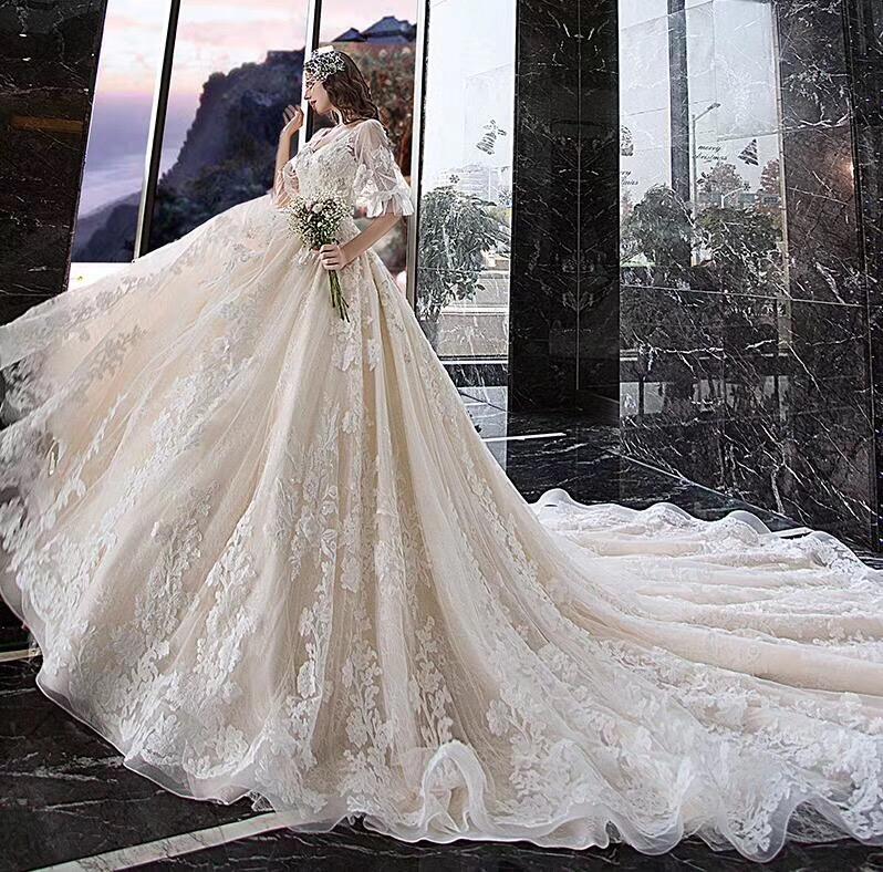 Charming Half Sleeves Ball Gown Wedding Dresses, Appliques V Neck Brid –  Promfast
