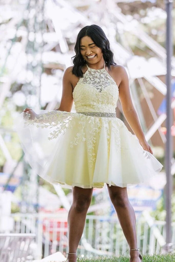 yellow short prom dress