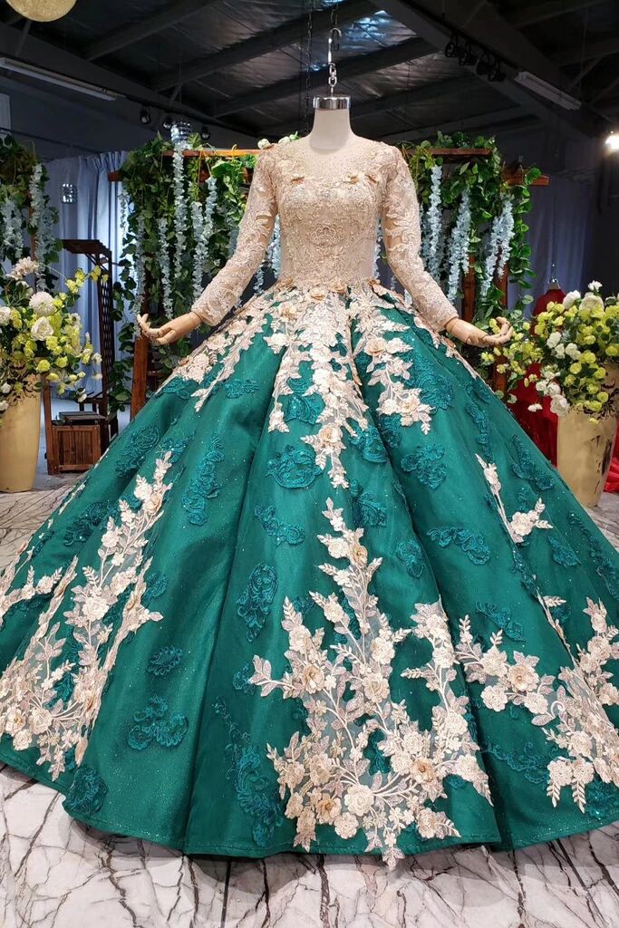 Long Sleeve Ball Gown Wedding Dress Appliques Beading Quinceanera Dres ...