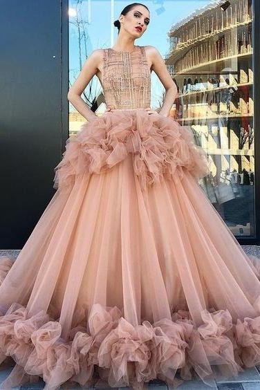 Ball Gown Scoop Ruffles Tulle Long Beautiful Beading Prom Dress,Quince –  Promfast