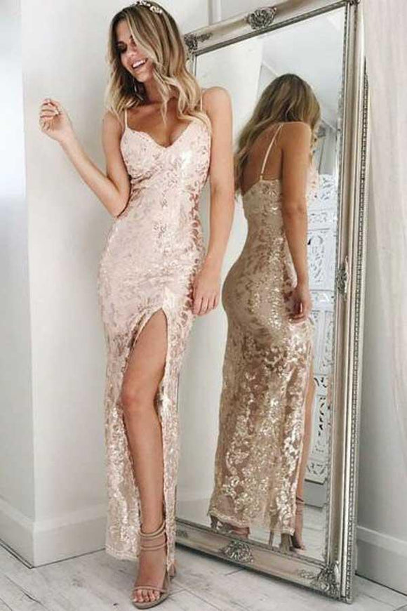 Mermaid Spaghetti Straps Pearl Pink Sequined Split Sexy Prom Dress PFP ...