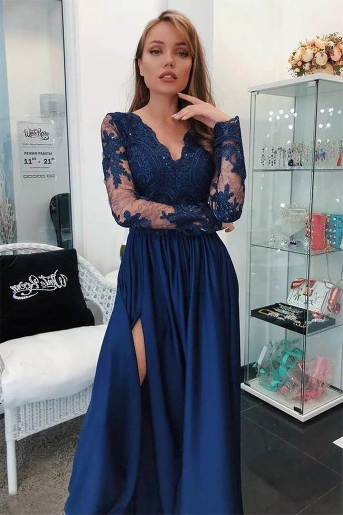 A Line Long Sleeves V Neck Dark Blue Prom Dresses With Appliques PFP05 ...