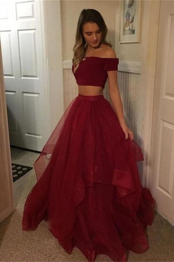 Cheap 2 Pieces Simple Long Burgundy A Line Off The Shoulder Prom Dress ...