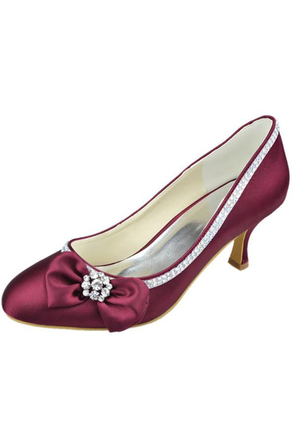Burgundy Low Heel Beading Handmade Close Toe Prom Shoes With Bow PFWS0 ...
