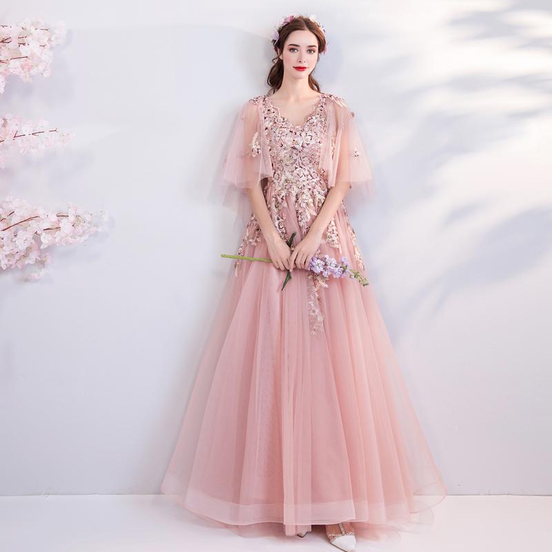 Princess A Line Pink Long Tulle Appliques V Neck Prom Dresses PFP0763 ...