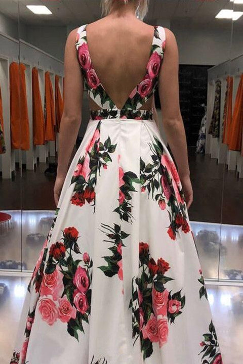 Sexy A-line V-neck Spring Floral Printed Long Prom Dress With Pockets ...