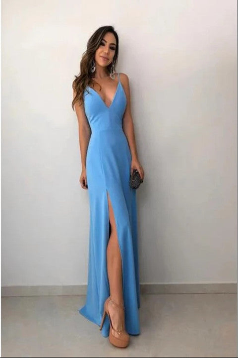 A-Line Spaghetti Straps Floor-Length Sky Blue Prom Dress with Split PF ...