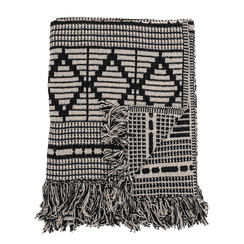 Black + Beige Woven Cotton Throw with Fringe