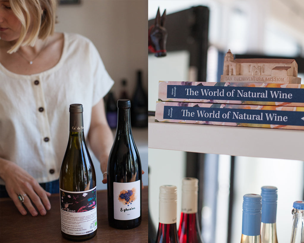 two photographs, one a cropped image of a woman in a white top with two wine bottles in front of her on the counter, the other a photo of a shelf in the wine shop with bottles and books about natural wines