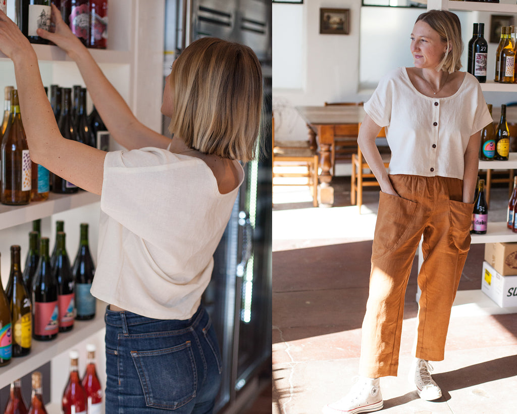 two images, one of a woman adjusting wine bottles on a shelf, the other of her standing in a sunny spot in the wine shop wearing a white top and rust colored pants