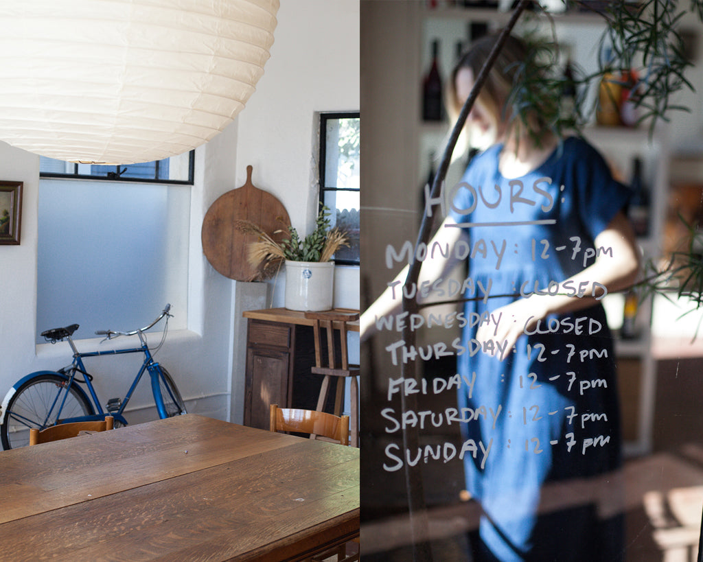 two photographs, one of a table, bike and lamp, the other of a woman through a glass door, she is wearing a blue denim dress