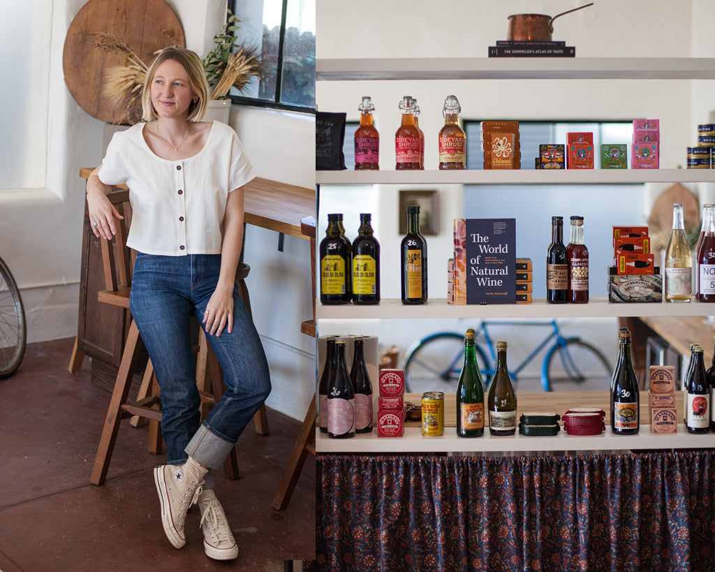 woman sitting in a stool wearing a white top and jeans next to an image of a shelf of olive oil and other bottles