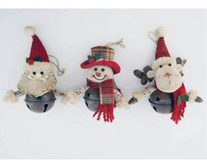 Fabric "Santas - Snowmen - Reindeer" Sitting in Rustic Tin Bells with Fabric Scarfs and Hats, Christmas Ornaments , Assorted, Set of 3 - 5" Tall - Grace on Broadway 