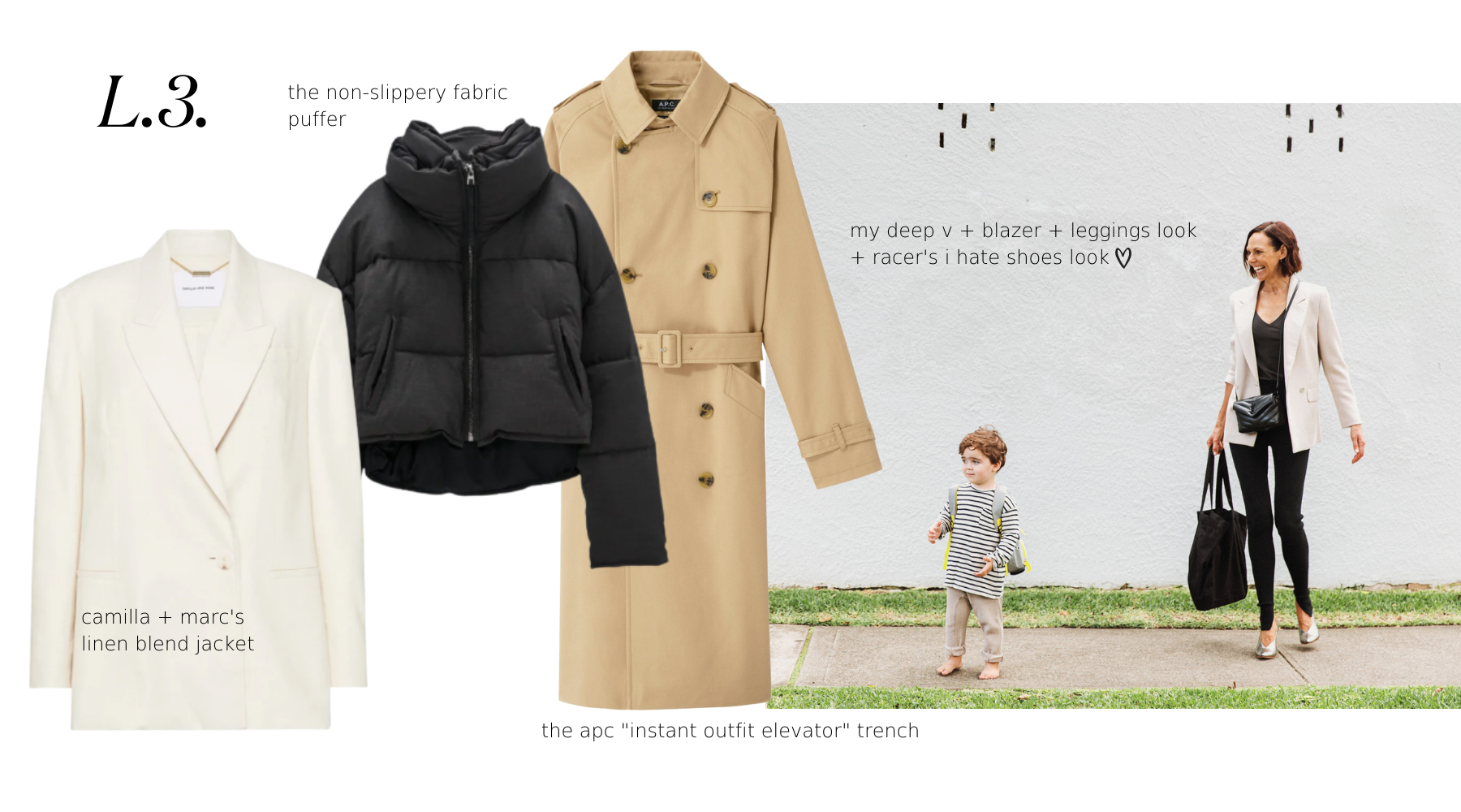 layer 4 cool styling for hot menopause in winter. apc and wardrobe nyc trench, camilla and marc jacket, zara puffer
