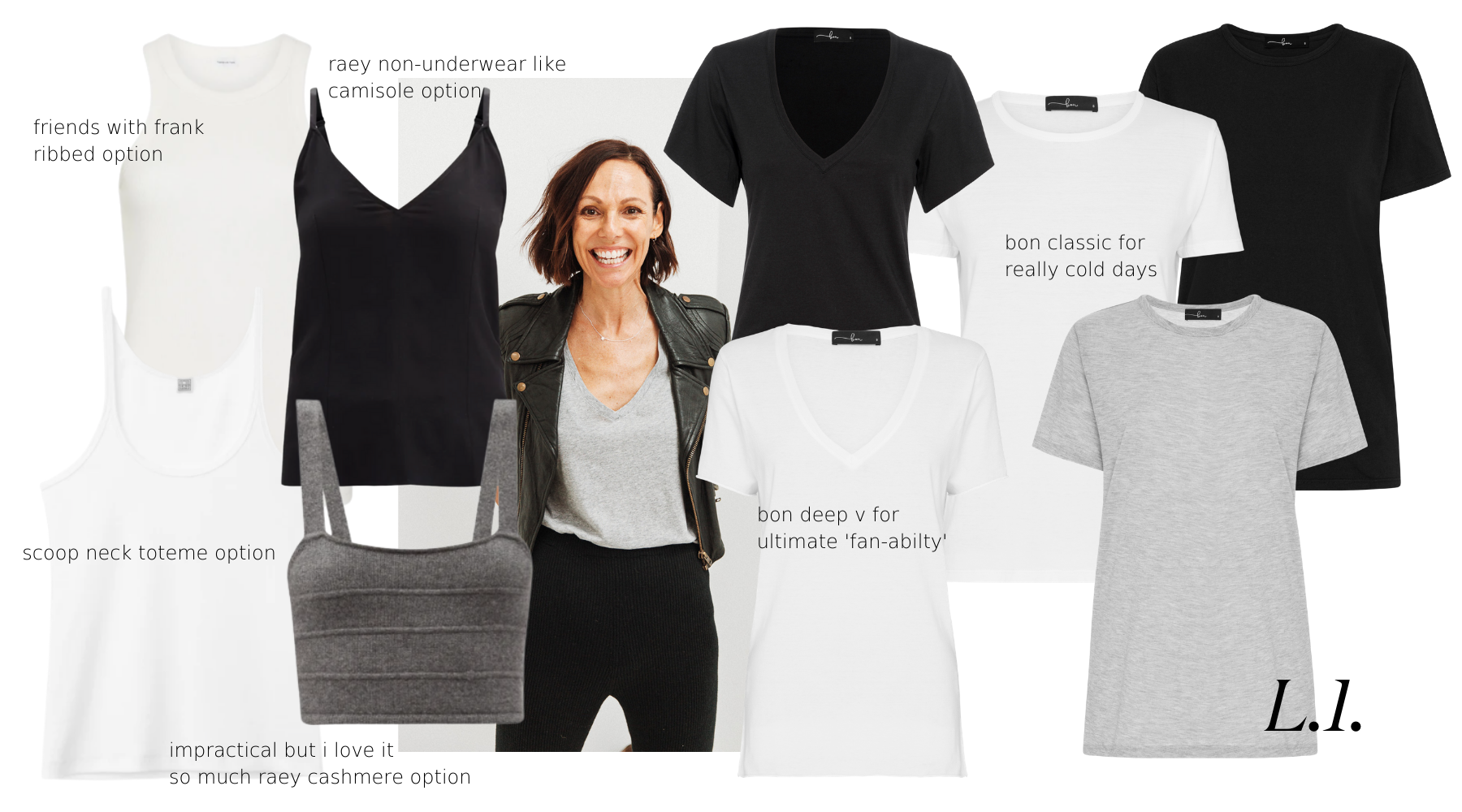 recommendations for layer 1 menopause dressing. bon deep v and classic tees, reformation, raey and toteme tanks