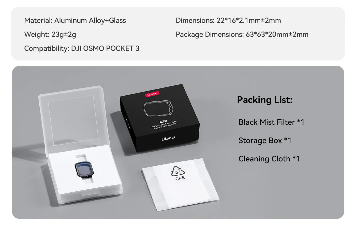 Ulanzi PK-01 Black Mist Filter for DJI Osmo Pocket 3