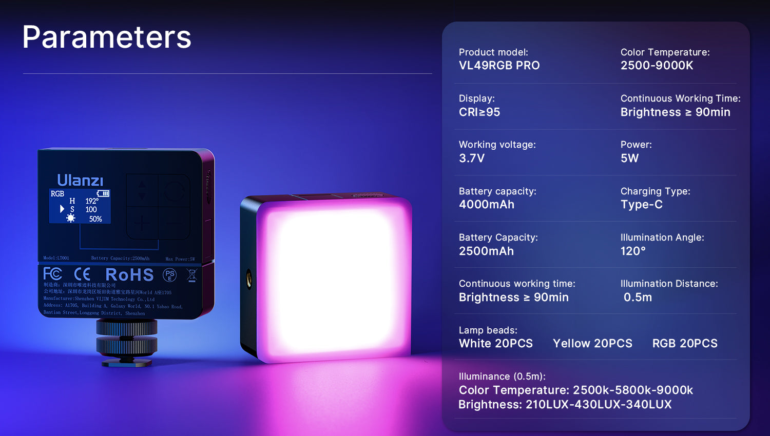 Ulanzi VL49 Pro Rechargeable Mini RGB Light B01001