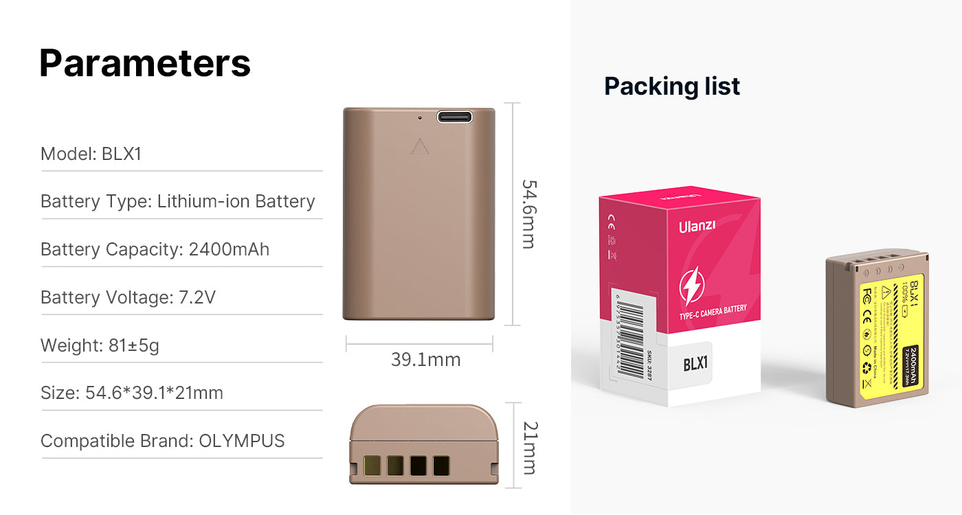 Ulanzi Olympus BLX-1 Type Lithium-Ion Battery with USB-C Charging Port (2400mAh) 3287