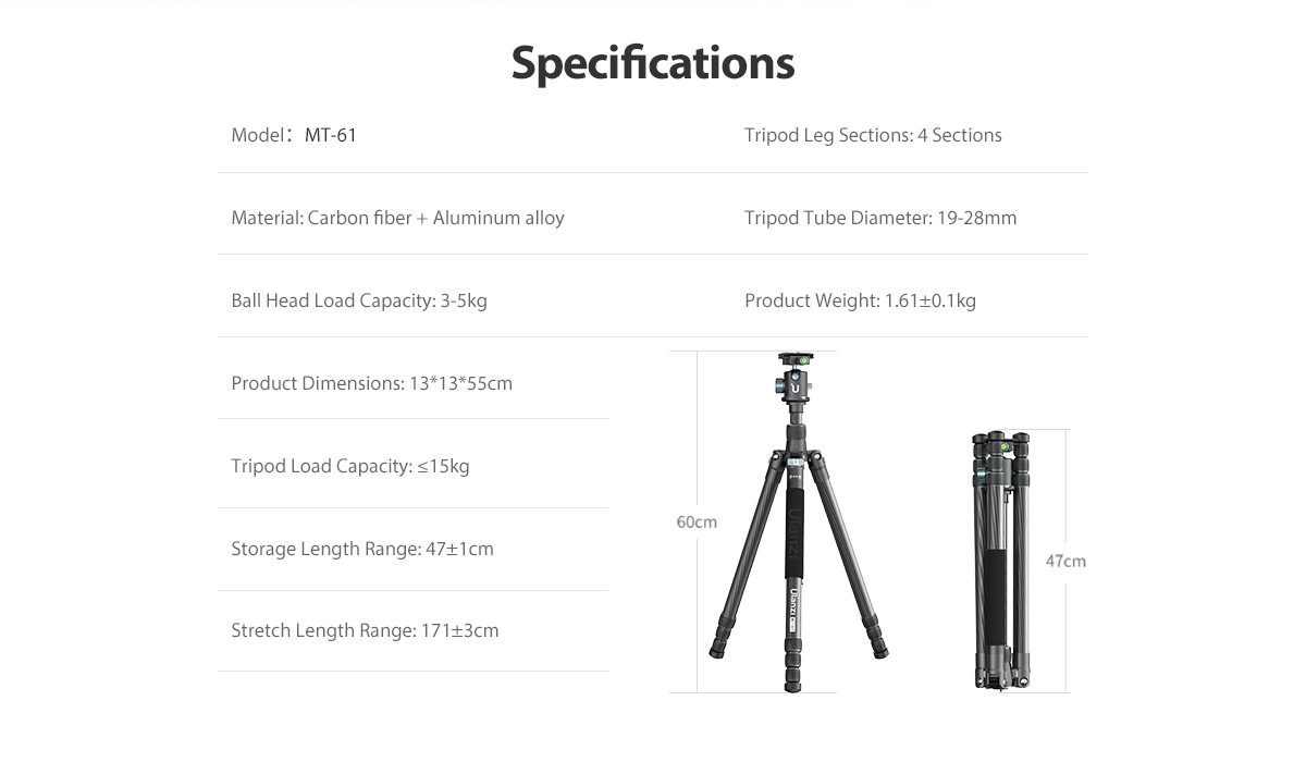 Ulanzi MT-61 Carbon Fiber Lightweight Travel Tripod