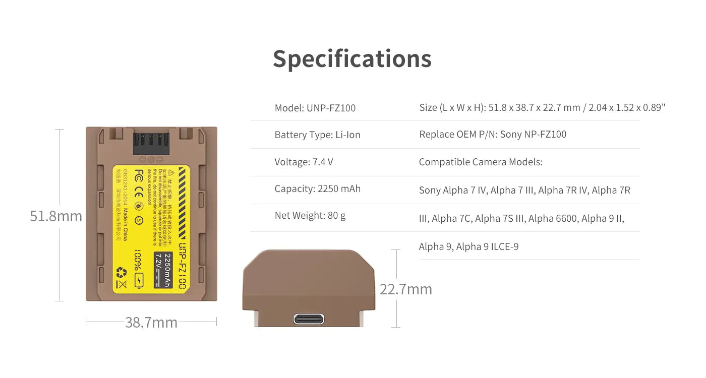 Ulanzi Sony NP-FZ100 Type Lithium-Ion Battery with USB-C Charging Port (2250mAh) 3080