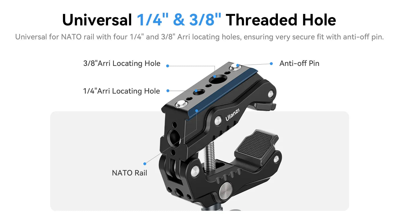 Universal for NATO rail with four 1/4" and 3/8" Arri locating holes, ensuring very secure fit with anti-off pin.
