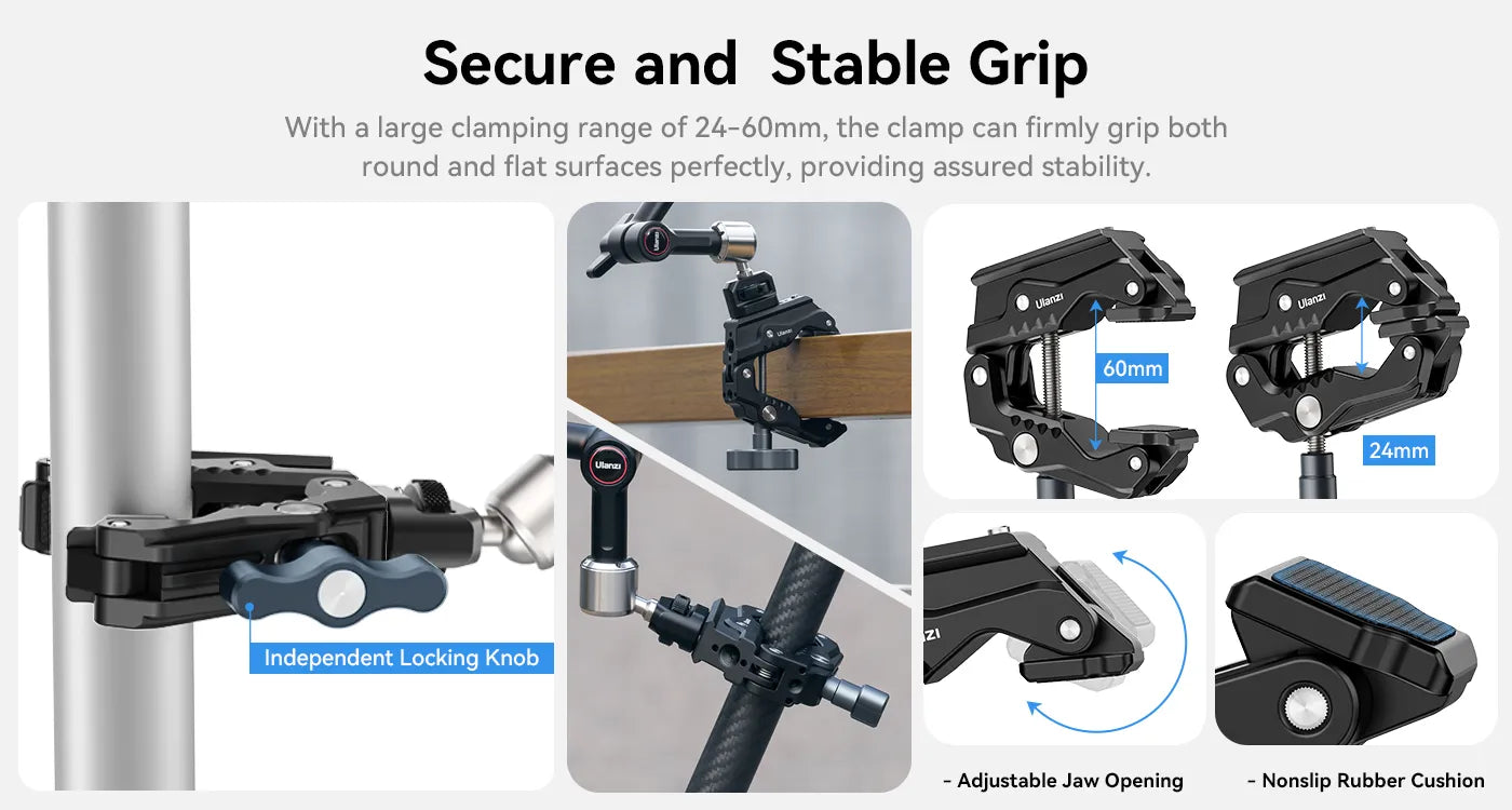 With a large clamping range of 24-60mm, the clamp can firmly grip both round and flat surfaces perfectly, providing assured stability.