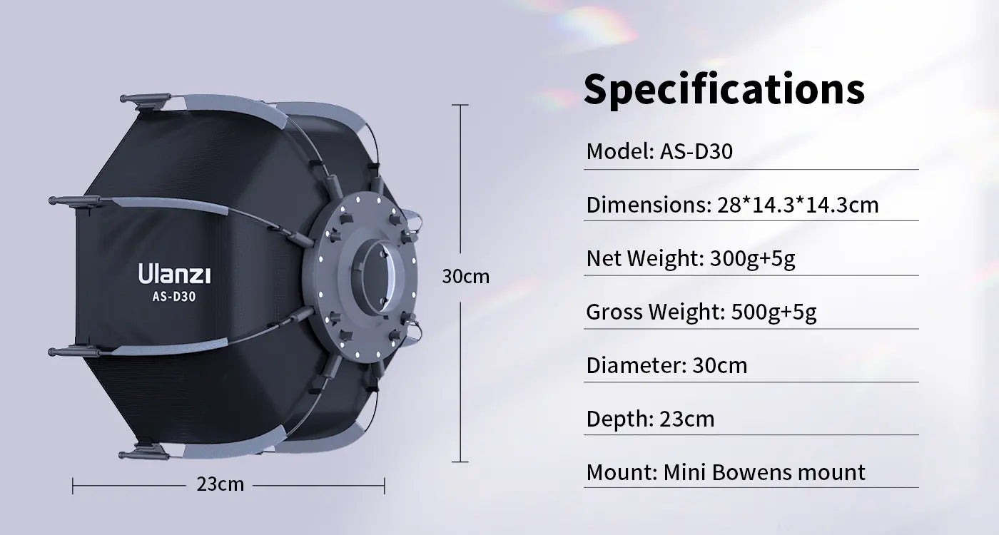 Ulanzi AS-D30 30cm Octagonal Softbox with Mini Bowens Mount and Grid