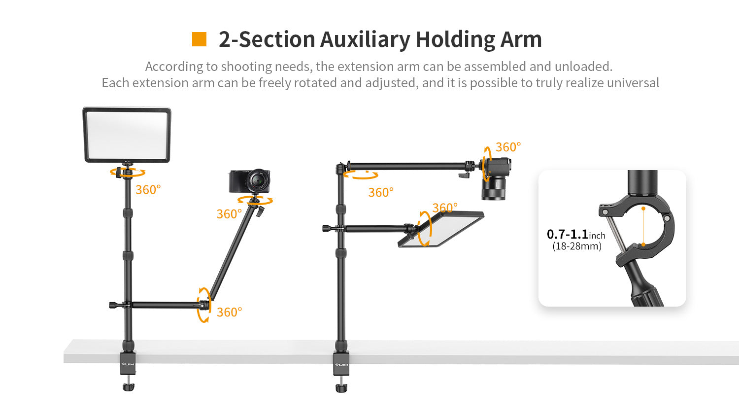 VIJIM LS11 Camera Mount Desk Stand with Auxiliary Holding Arm