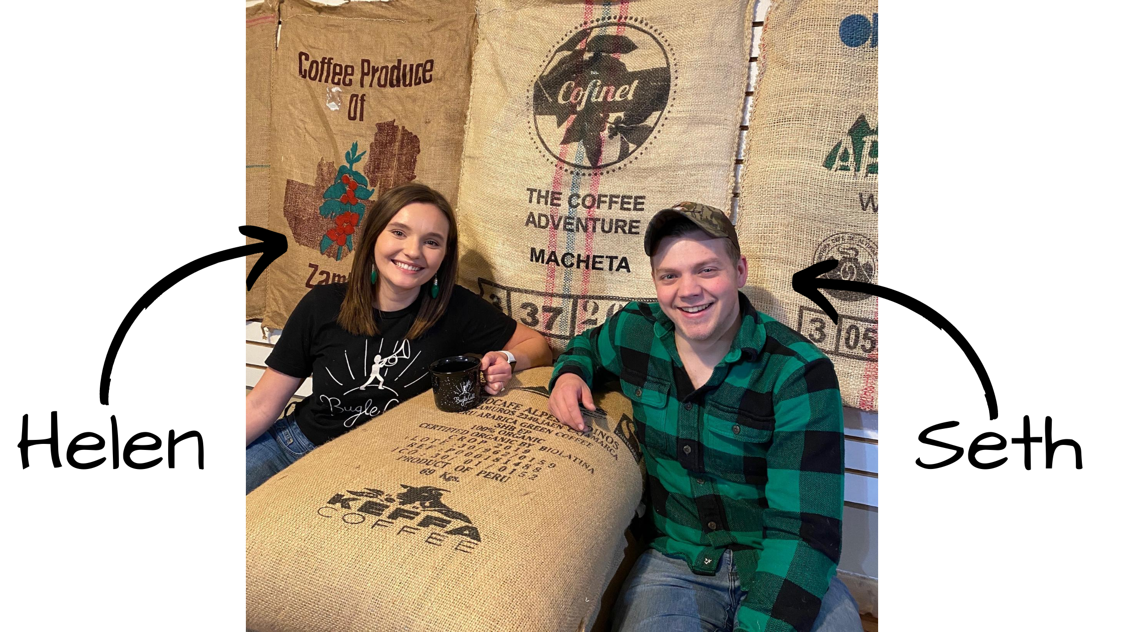 Owners and founders Helen Montgomery and Seth Westerman post next to coffee bags.