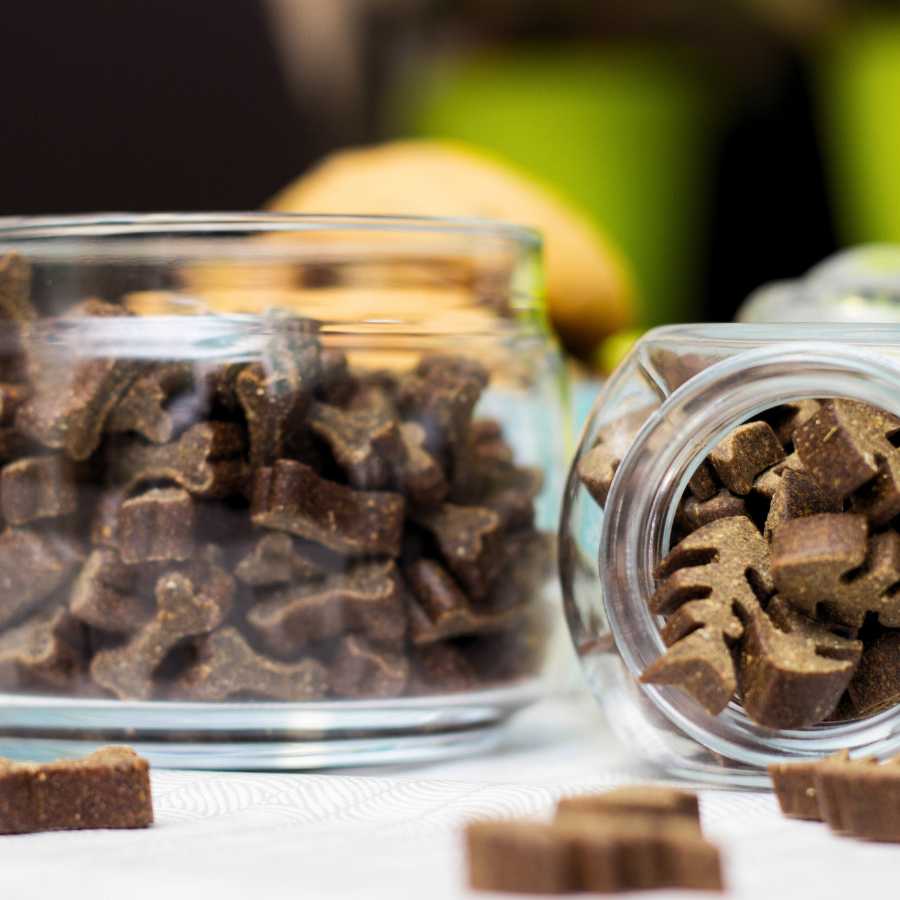 Dog treats and dog biscuits spilling out of a glass bowl container on a kitchen counter.