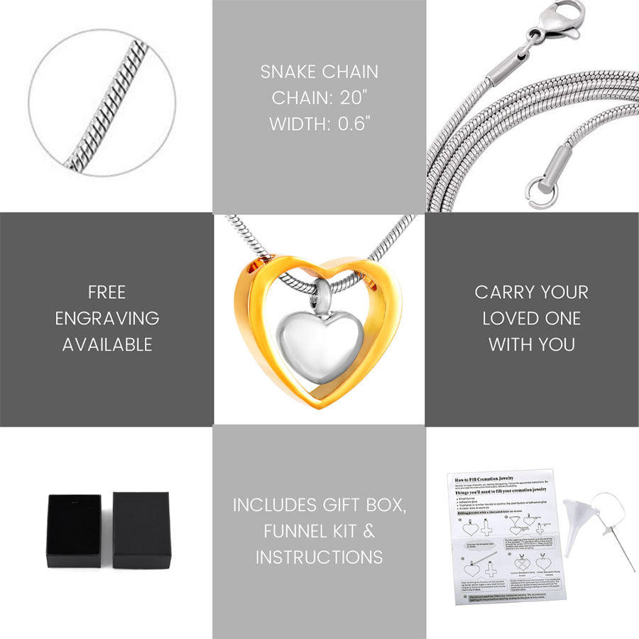 Our Two Hearts Forever Urn Necklace and keepsake jewelry includes a 20-inch snake chain, gift box and funnel kit to safely insert ashes into the urn container.