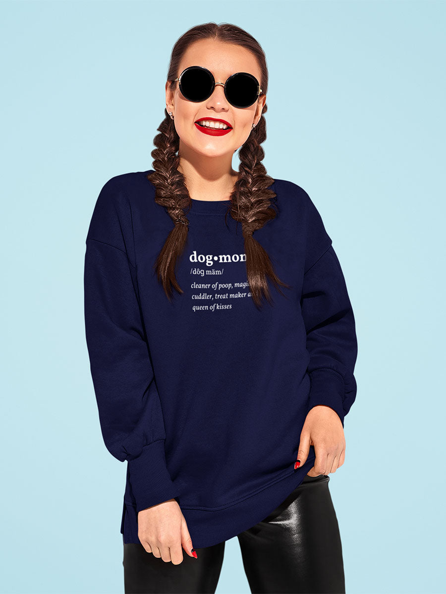 Woman with braids and sunglasses, wearing Navy Dog Mom Defined Crewneck Sweatshirt from online outerwear and activewear clothing store for pet parents, they made me wear it.