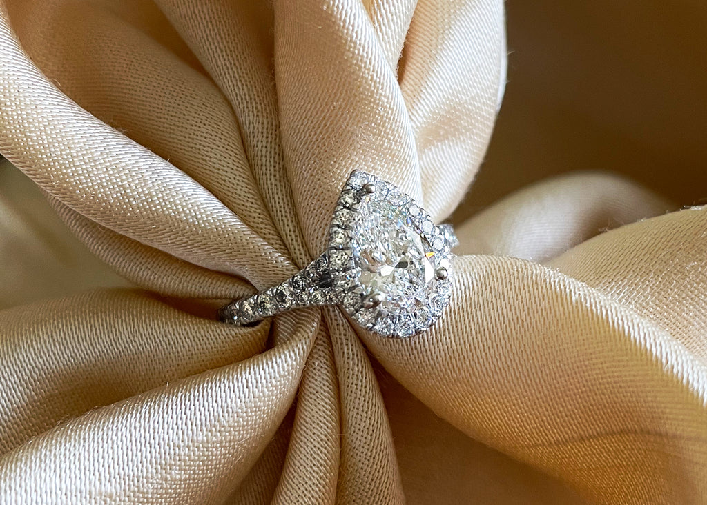 custom 1 carat pear diamond halo engagement ring