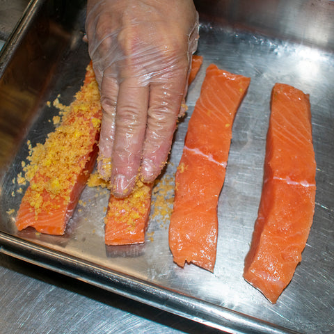 spread pork dust over salmon filets