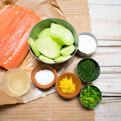 ingredients for AIP Poached Salmon Lemon Dill Salad over Cucumber Rounds