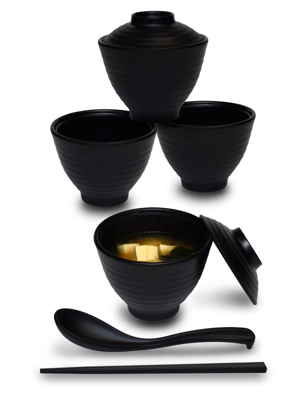 ASIAN HOME Japanese Rice and Soup Bowls With Lid, Black and Red, for rice,  miso soup, 4.33 x 3.94, 8.4 oz. (4 Bowls)