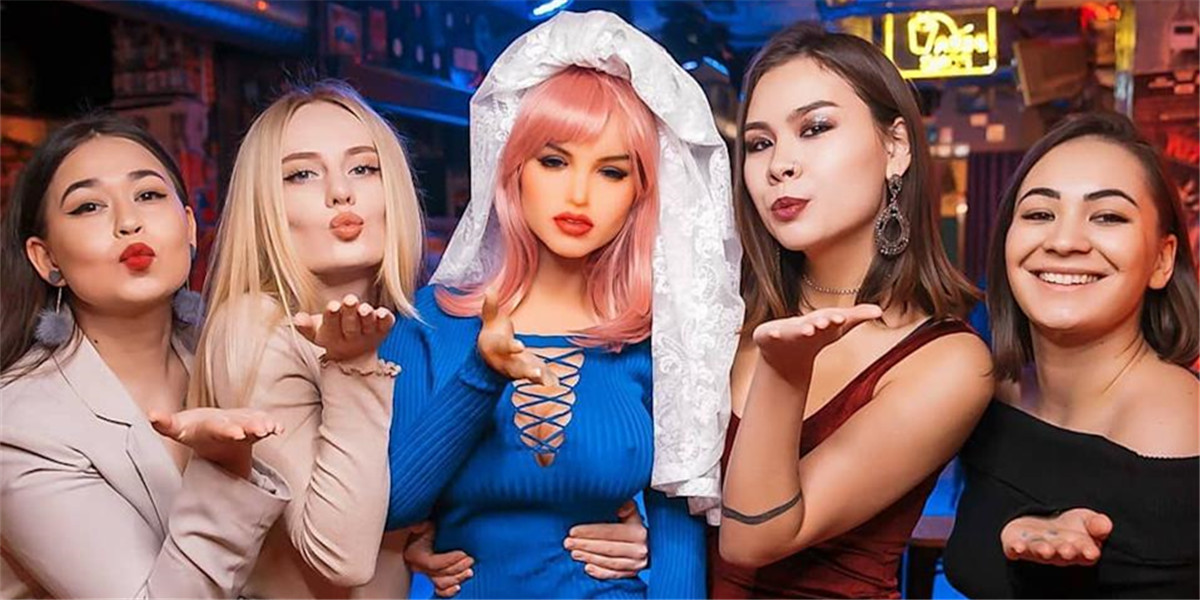 A group of girls with sex doll are confident