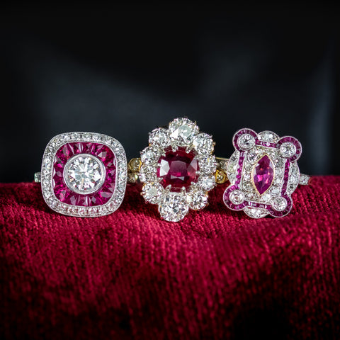 Three Antique Ruby Diamond Rings