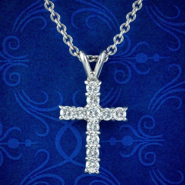Vintage Diamond Cross Pendant Necklace Platinum 0.88ct Diamond