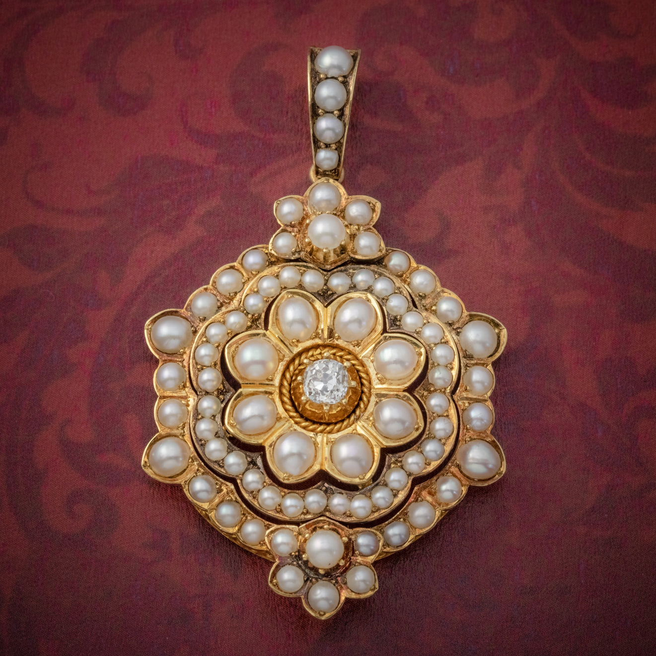 Antique Victorian Pearl Diamond Flower Pendant 18Ct Gold Circa 1900