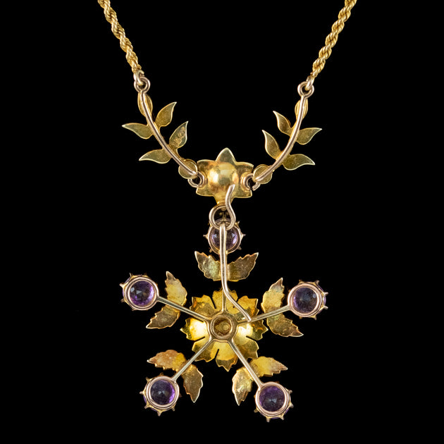 Antique Edwardian Amethyst Pearl Floral Lavaliere Necklace 15ct Gold ...