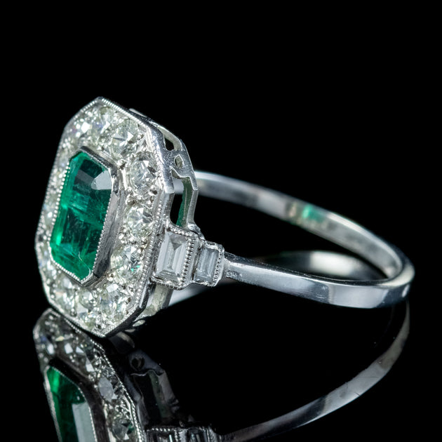 Art Deco Emerald Diamond Cluster Ring 0.85ct Emerald 1.20ct Of Diamond ...