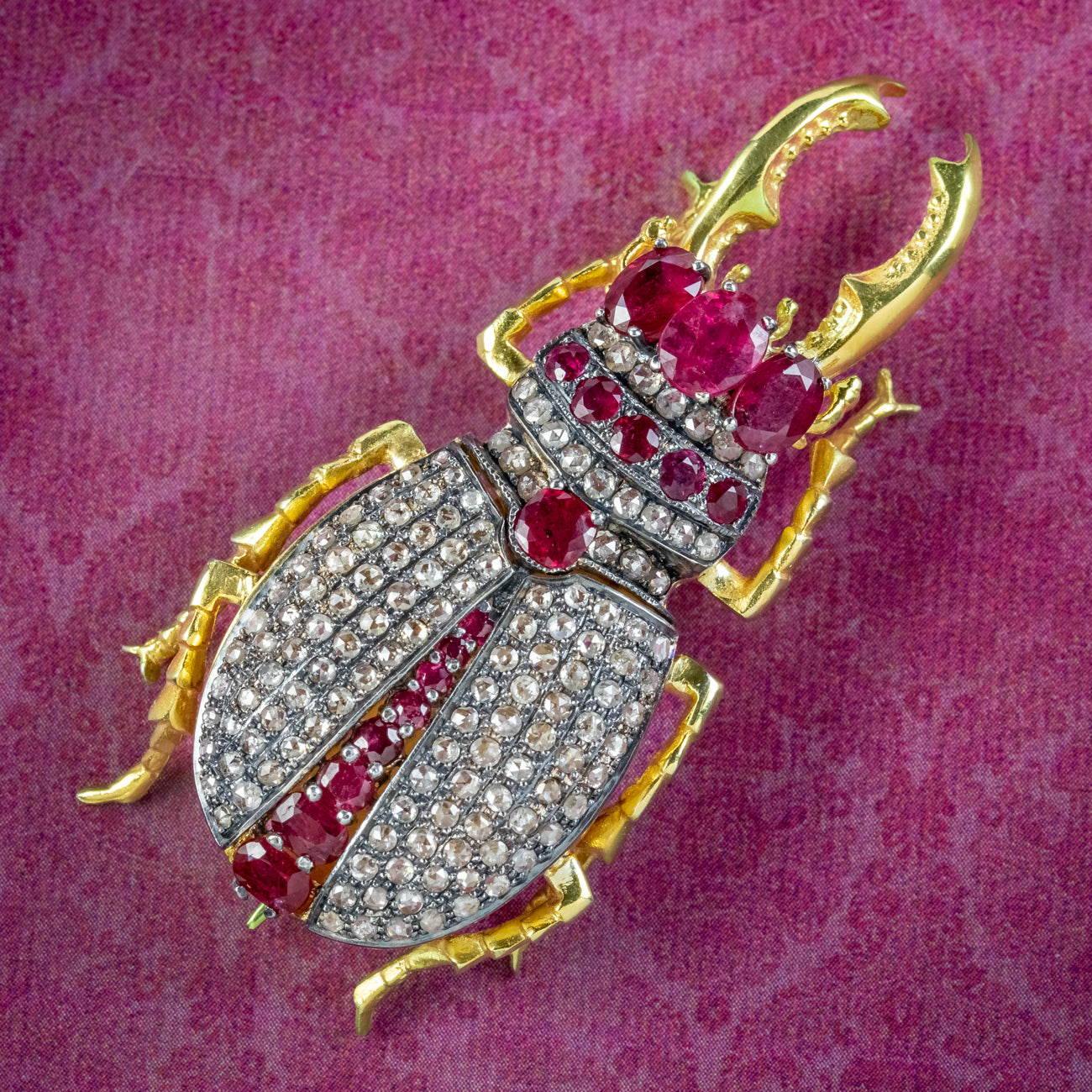 Edwardian Style Ruby Diamond Stag Beetle Brooch 2.5ct Of Ruby