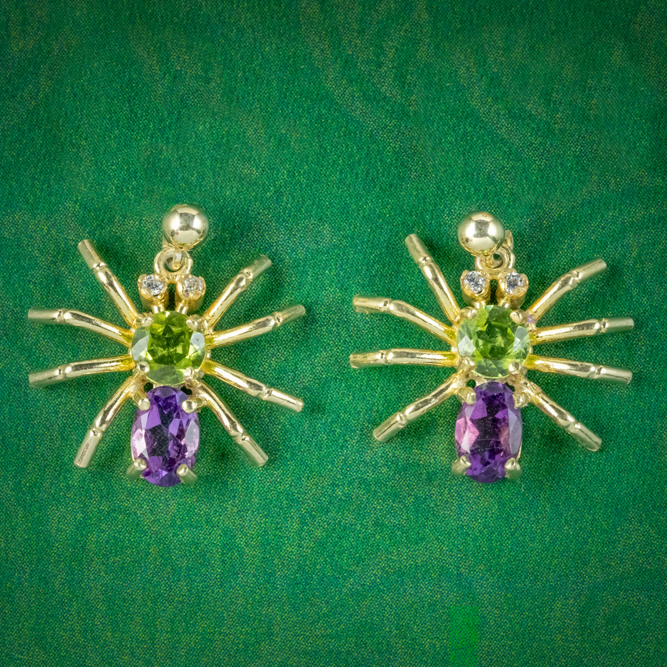 Edwardian Suffragette Style Spider Stud Earrings Amethyst Peridot Diamond