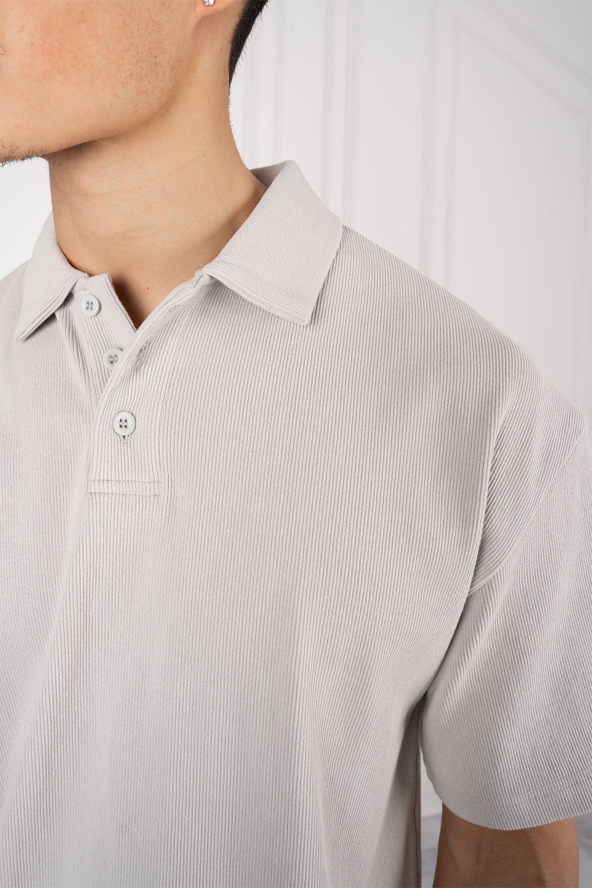 Ribbed Oversize Polo Shirt - Grey