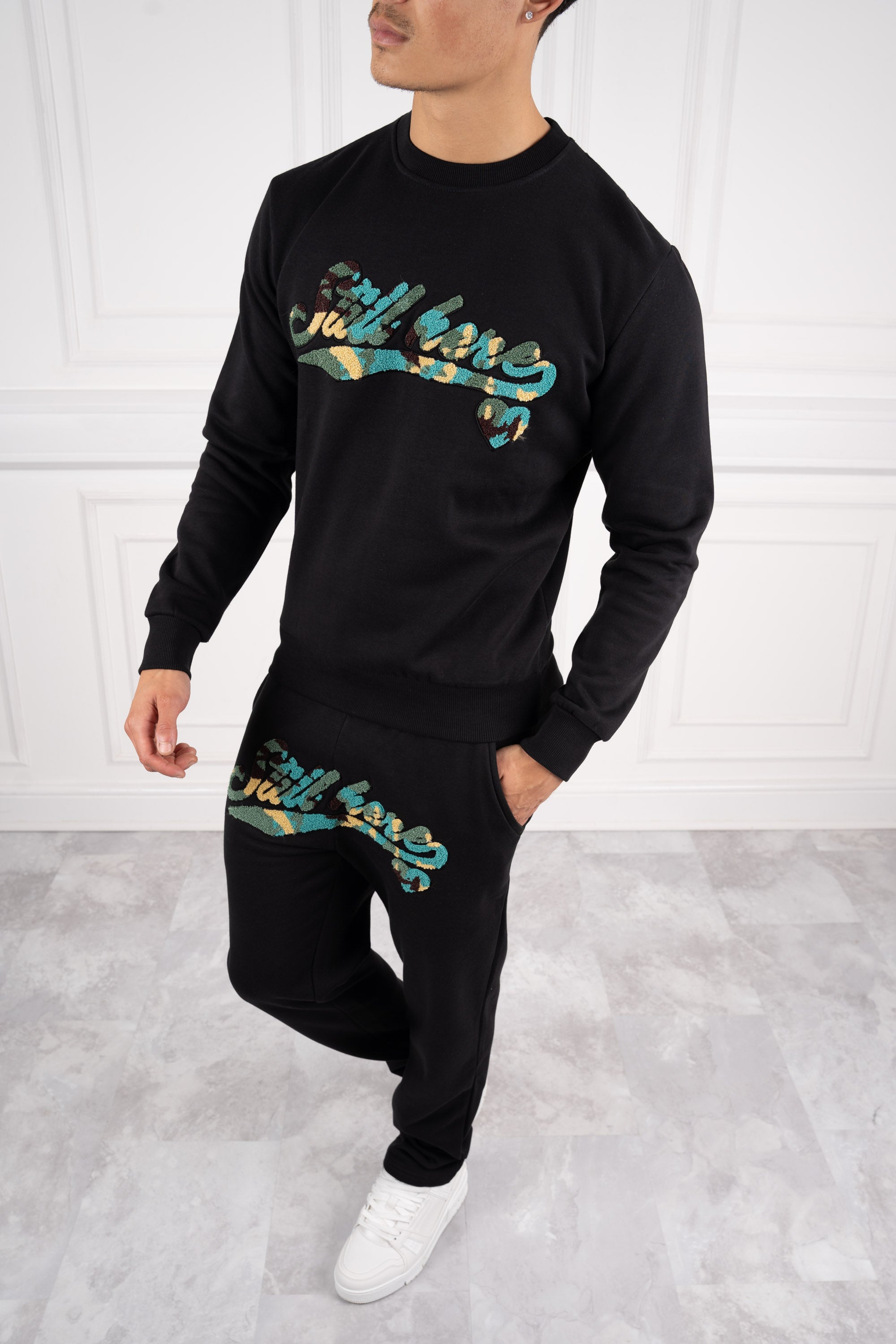 Still Here Varsity Crest Crewneck Full Tracksuit - Black Camo